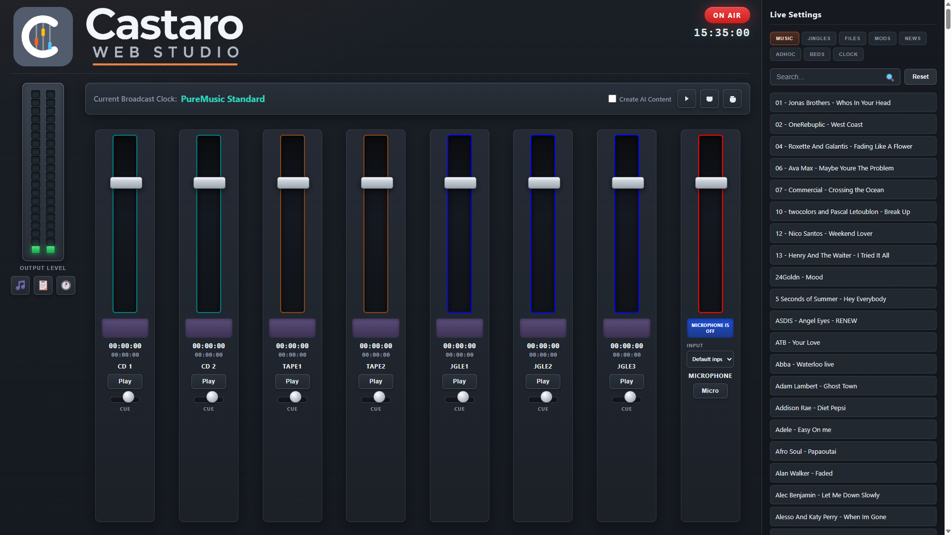 Castaro Web Studio — 8-channel mixer with media library and ON AIR indicator